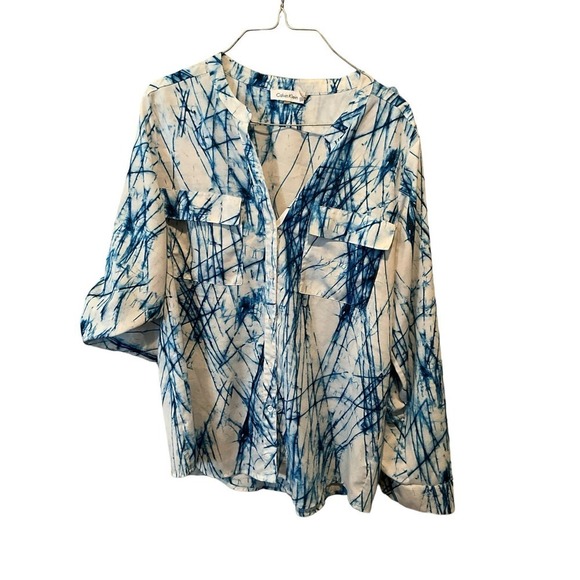 Calvin Klein Button Down Shirt Women's SZ L Blue/White Band Collar Split Neck - Picture 1 of 5